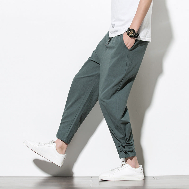 Driftwear Chinese Style Cotton Linen Men’s Track Pants – Casual Loose-Fit Mid-Waist Pants